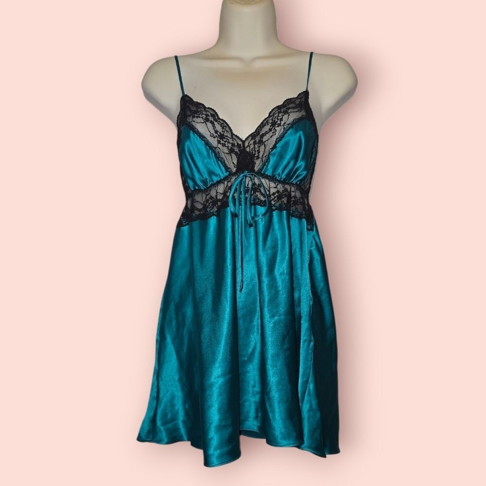 Victoria’s Secret Teal Satin & Black Lace Slip Nightgown Vintage Lingerie Blue